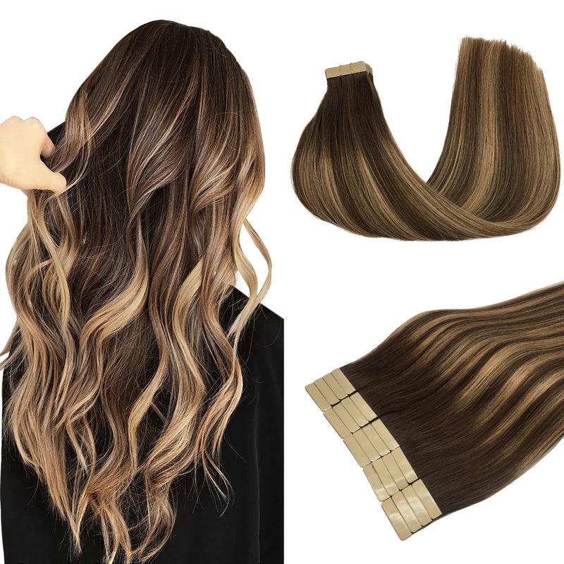 DOORES Human Hair Extensions Tape in Balayage Chocolate Brown to Caramel Blonde 18 Inch Natural Tape in Hair Extensions Seamless Straight Real Remy 50g 20pcs - Image 1